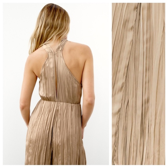 NWT. Zara Stone Satin Effect Wrinkle Look Halter Jumpsuit. Size XS. - Picture 5 of 11